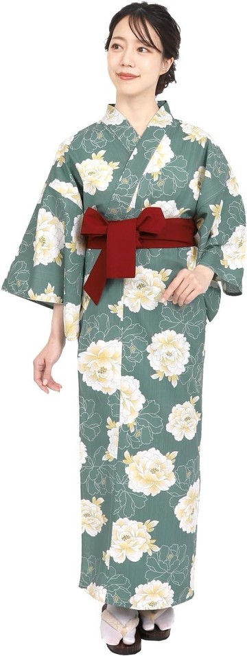 Fuuka【日本代購】旅館單品亞麻浴衣女士業務用溫泉 和式浴衣+束腰帶2件套-牡丹之詩