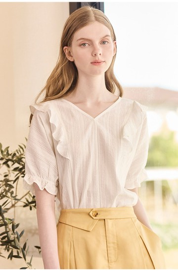 V領荷葉剪接落肩寬鬆上衣