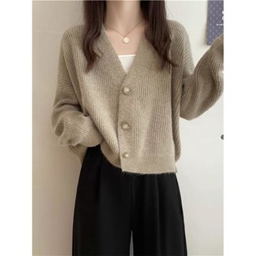 時尚高級感2025年新款秋季女裝法式設計V領寬松針織長袖開衫外套