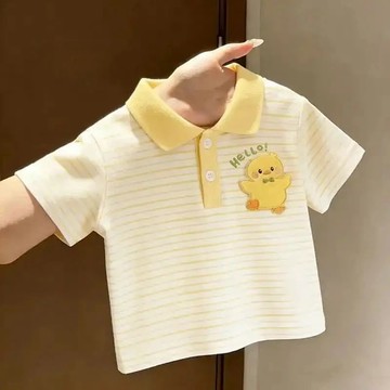 新款卡通可愛男女兒童裝寶寶鴨子印花條紋翻領短袖T恤polo衫 圓領T 薄款上衣 男童短袖 兒童上衣 男童短袖 中小童短袖