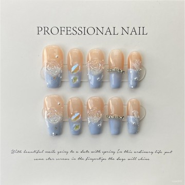 💟加一手工甲💅🏻海鹽山茶花手工穿戴甲成品藍純慾風夏美甲貼片指甲純慾風純手工穿戴甲 N1Y4