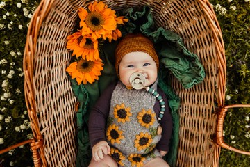 Sunflowers 連身衣，手工編織嬰兒連身衣，有機，羊駝毛，兒童，向日葵