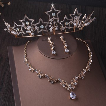 熱賣2022款高端新娘套鏈結婚配飾品帶手工水晶皇冠項鏈耳環三件套