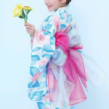 日本 devirock - 2way穿搭浴衣洋裝華麗4件組-向日葵-白綠