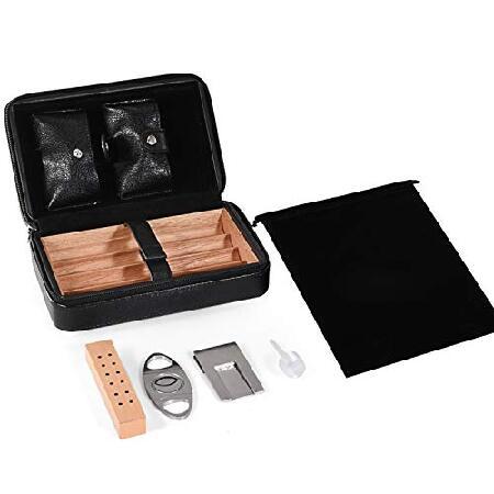 Cigar Humidor, Cigar Case, Cedar Wood Travel Portable Leather Cigar Humidor with Humidifier並行輸入