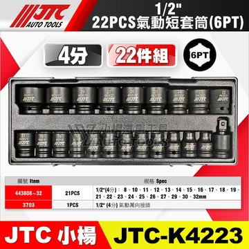【小楊汽車工具】JTC K4223 1/2" 4分 6角 氣動套筒組 22PCS 四分 6PT 氣動 短 套筒 萬向接頭