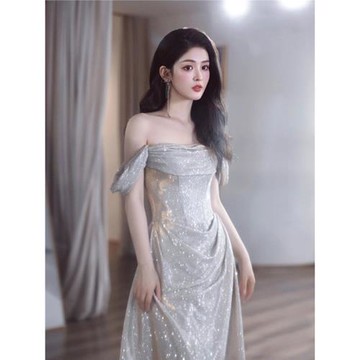 爆閃灰色主持人生日敬酒晚禮服新娘訂婚輕婚紗2025新款19726QQ