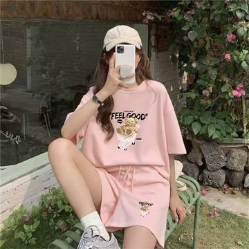【台灣出貨】大碼運動套裝 印花 簡約 寬鬆 顯瘦 短袖 短褲 兩件套 女裝 休閒 輕薄透氣 夏天兩件式套裝「樂購」