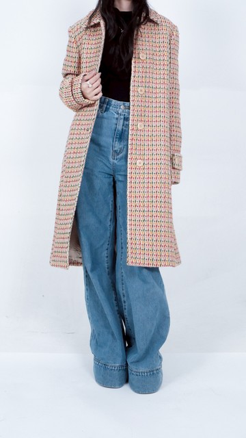 (S) max mara質感羊毛格紋拼接排釦長版大衣紅色外套