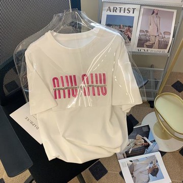 短袖T恤女2025夏季新款韓版圓領套頭字母印花鏈條寬松顯瘦上衣潮