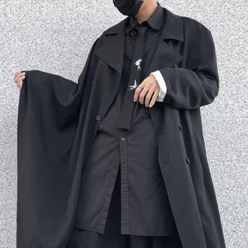 -EvanXX 原創Yohji山本暗黑風純黑基礎款打底尖領純黑長袖素襯衫