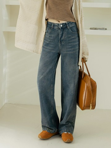 純棉復古拼色口袋直筒牛仔褲