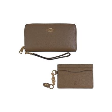 COACH 灰褐色荔枝紋皮革附活動卡夾皮革手掛帶拉鍊長夾