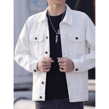 潮牌春秋2025新款白色外套男士休閑韓版修身百搭牛仔夾克男裝上衣