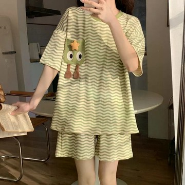 棉質睡衣女  夏季短袖短褲條紋套裝休閒學生宿舍可外穿家居服兩件套  WHc