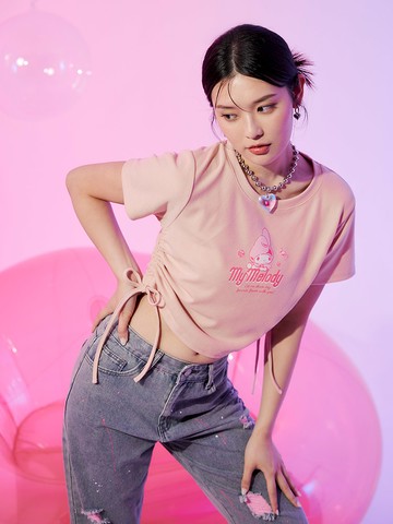 美樂蒂．手繪印花側抽繩短版上衣