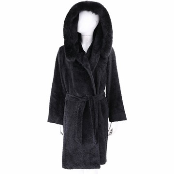 Max Mara GESSY 可拆狐狸皮草羊駝毛混紡黑色連帽綁帶大衣 外套