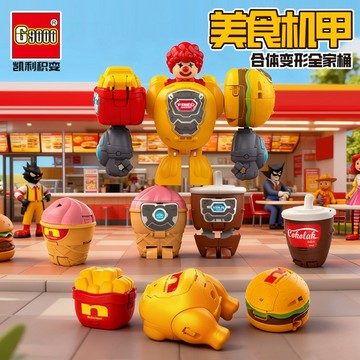 現貨速發五合体美食变形机甲机器人金刚儿童玩具汉堡薯条冰淇淋可乐过家家