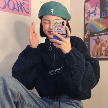 Chubchic 中大尺碼女裝 秋冬羊羔絨衛衣女潮i ns加絨加厚寬鬆上衣 韓版拉鍊短款外套 上衣服