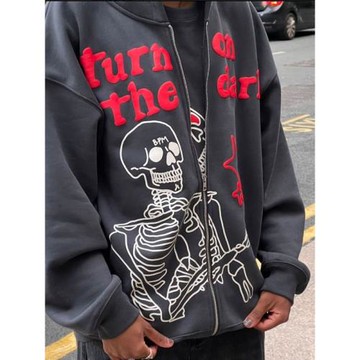 Printed Casual Loose Hooded Sweater Jacket印花寬松連帽衛衣衫