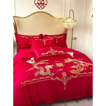 大紅色高檔龍鳳刺繡婚慶被套四件套純棉床單全棉結婚床上婚房喜被