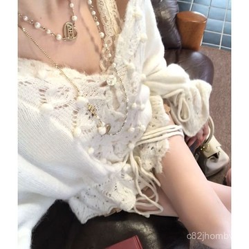 鏤空時尚外穿抽繩V領秋季新款針織開衫下擺鈎花毛球寬鬆毛衣