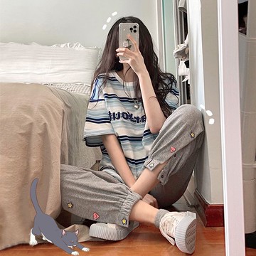 長袖褲裝兩件套韓版鹽系百搭休閒女學生短袖T恤上衣時尚運動褲子兩件套夏季【倪醬】