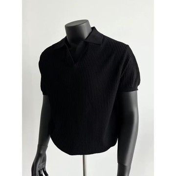 老錢風黑色針織polo衫短袖男夏季boxy短款t恤痞帥小v領松弛感半袖