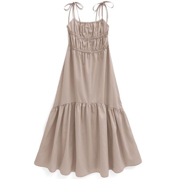 日本 GRL - 肩綁帶甜心皺褶度假長洋裝-卡其 (F)