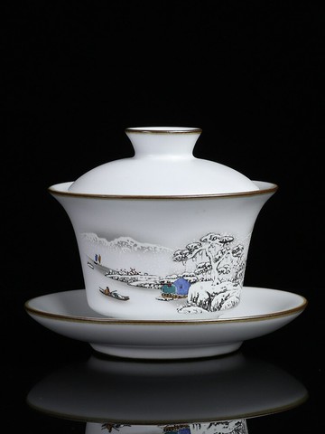 陶福氣 輕奢陶瓷蓋碗功夫茶具三才泡茶杯茶藝白汝高檔敬茶碗茶杯