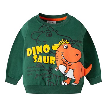 BE TOP - 純棉圓領長袖上衣/大學T-Q萌微笑恐龍-綠色