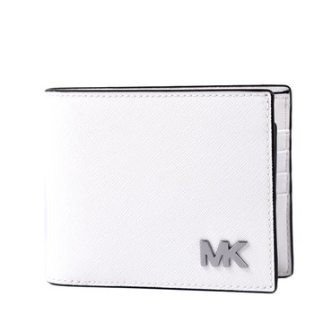 MICHAEL KORS 男款 金屬LOGO十字紋防刮八短夾/附證件夾-白色