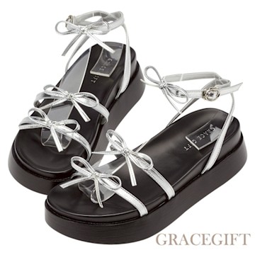 【Grace Gift】輕甜氣質蝴蝶結繞踝奶油厚底涼鞋 銀