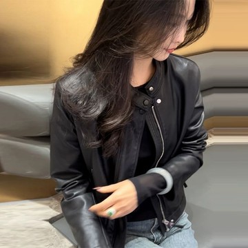 皮衣 皮夾克 皮外套 機車風 韓係 歐貨立領皮衣外套女短款2025春時尚休閒小個子機車皮夾克服 IIF6