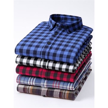 朗蒙春秋新款純棉磨毛格子襯衫男長袖休閑襯衣修身全棉上衣百搭潮