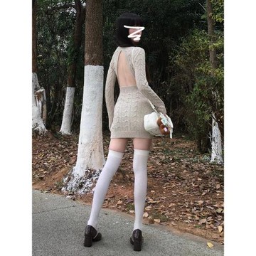 針織露背辣妹修身性感純欲高領包臀短裙連衣裙子女春秋內搭打底裙
