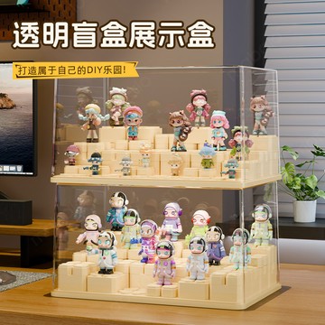 台灣發貨泡泡瑪特透明防塵pet手辦玩具積木階梯展示櫃桌麵純色盲盒收納盒0415 EXSQ