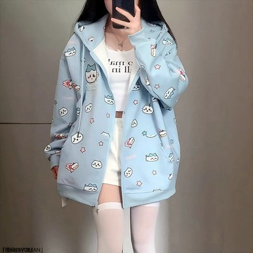 可愛小八卡通印花連帽開衫衛衣女外套甜妹穿搭春秋冬寬鬆百搭上衣