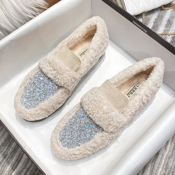 毛毛鞋女冬外穿2025新款厚底羊羔毛豆豆鞋加絨大碼棉鞋41到43女鞋