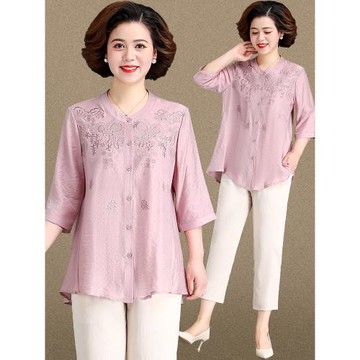 媽媽夏裝洋氣上衣中年女七分袖襯衫闊太太中老年人秋裝套裝兩件套