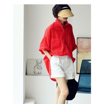 包郵C1325C本命年紅色休閑氣質明線寬松顯瘦純棉薄款短袖襯衫女夏