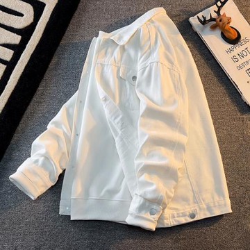 高級感白色牛仔外套男潮牌痞帥寬松百搭工裝夾克美式高街純色上衣
