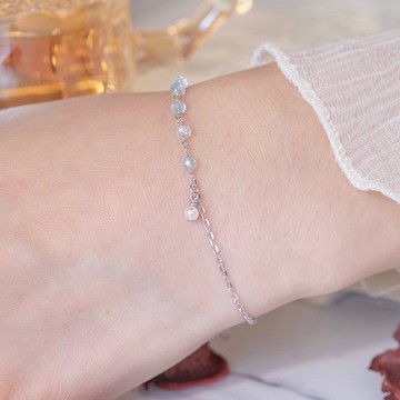 藍托帕石925純銀不對稱設計珍珠眼淚手鍊