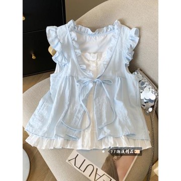 (免運)多巴胺淺藍色荷葉邊假兩件無袖襯衫女冬季寬松設計感蕾絲漂亮上衣