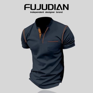 (免運)FUJUDIAN外貿男裝~2025夏季歐美短袖polo衫男純色外翻領舒適速干