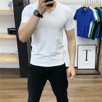 2026夏季男士t恤短袖健身青年修身百搭流行薄款V領純色圓領打底衫