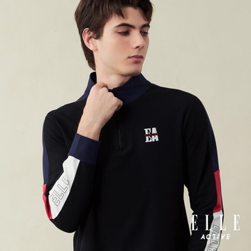 ELLE ACTIVE-半門襟立領長袖上衣男款-黑