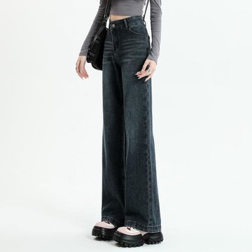 逃離地球美式復古直筒闊腿牛仔褲女潮牌炸街高腰寬松顯瘦拖地褲子