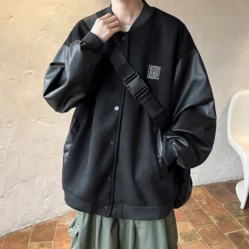 限時優惠 休閒潮流男士夾克外衣 2024秋季新款男士外套潮流帥氣寬鬆休閒夾克男生高級pu皮拼接外衣