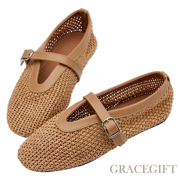 【Grace Gift】法式時髦簍空編織瑪莉珍平底鞋 棕